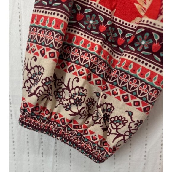 Beach Lunch Lounge Dress Sz M Orange Floral Boho Peasant Tasseled Casual 3/4Slv - Picture 3 of 14